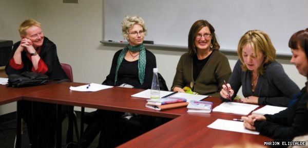 <em>Growing Up Online</em> was launched at an event sponsored by the Centre for Interdisciplinary Studies in Society and Culture. Contributors (from left to right) Claudia Mitchell, Leslie Shade, Sandra Weber, Shanly Dixon and Kelly Boudreau presented their work.